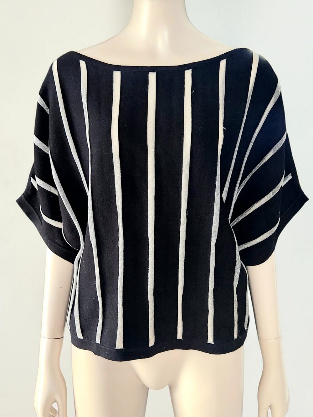 Milly Dolman Boxy Striped Boat Neck Top Womens M Black Ivory Knit Short Sleeve